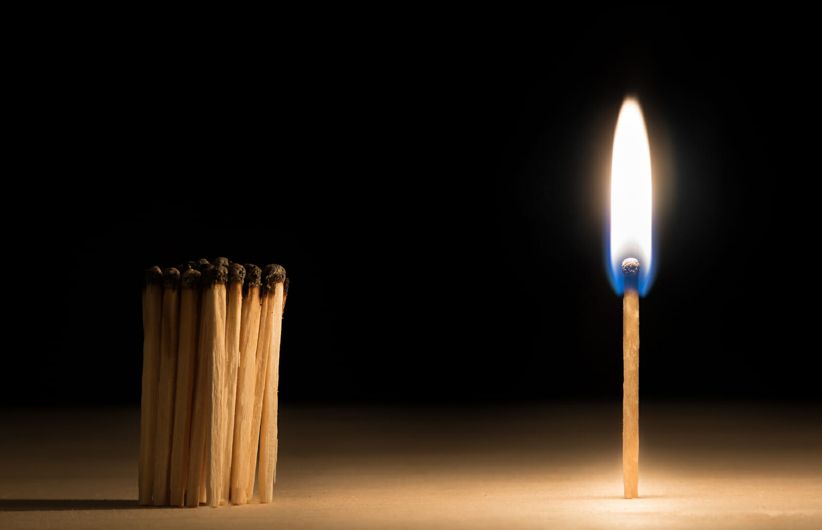 Crowd of burnt matches standing before match on fire concept of motivation leadership on black